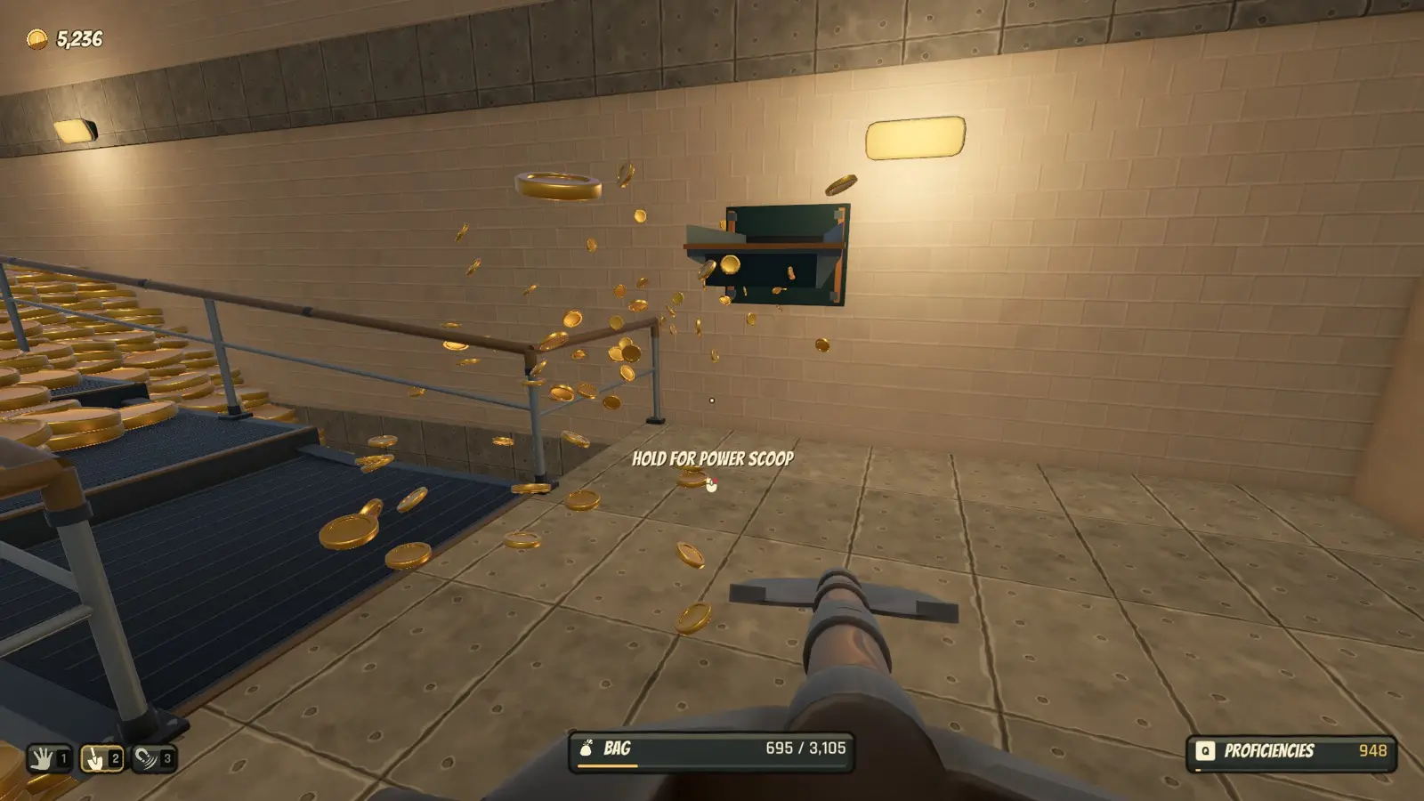 Coins pouring from a chute while the player holds a power scoop.