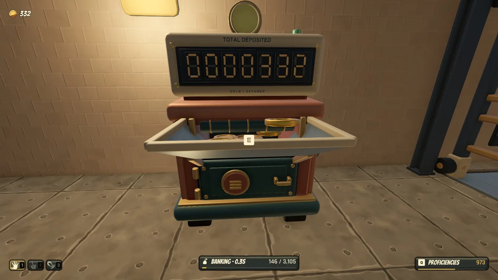 Deposit machine close-up with total deposited, banking time, and bag capacity.