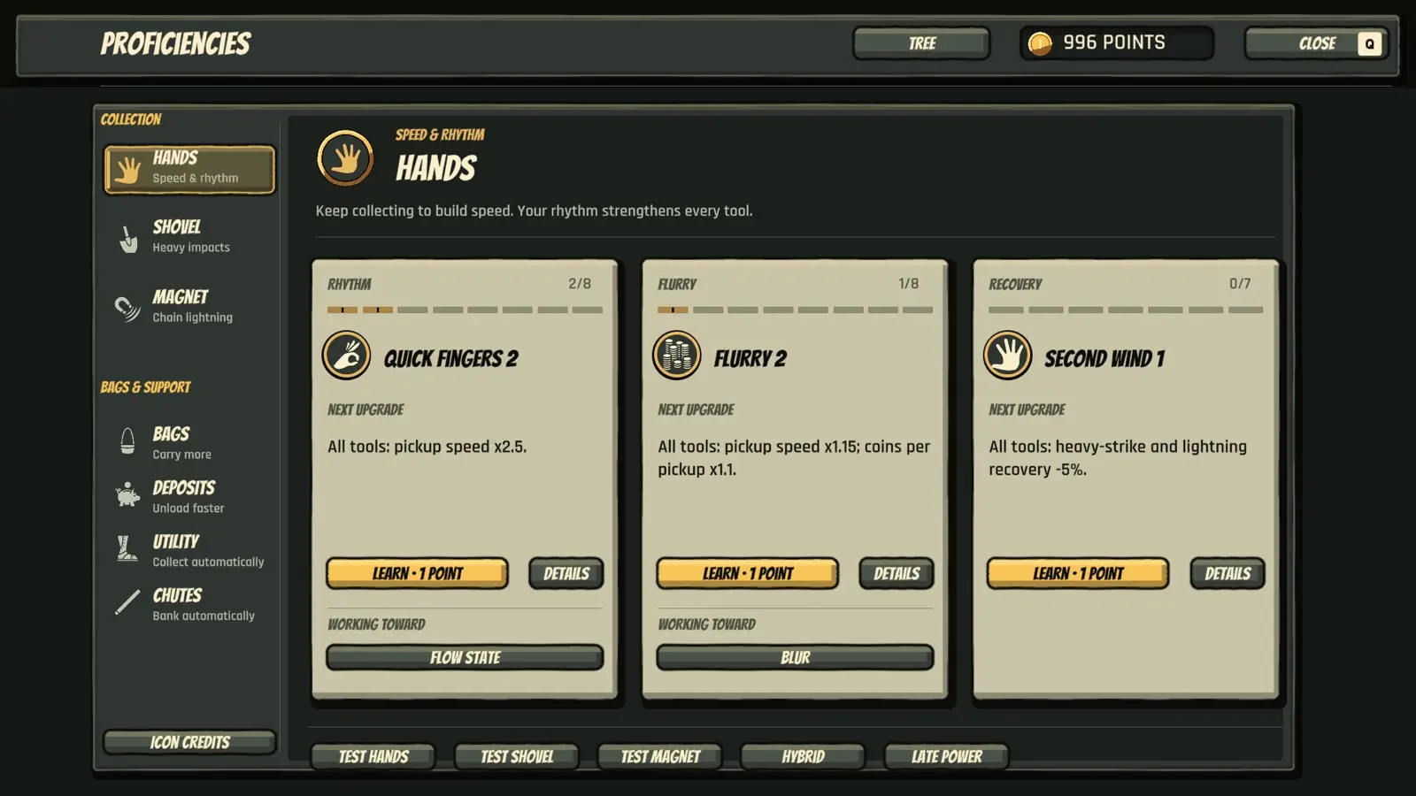 Hands branch of the skill tree with Rhythm, Flurry, and Recovery nodes.