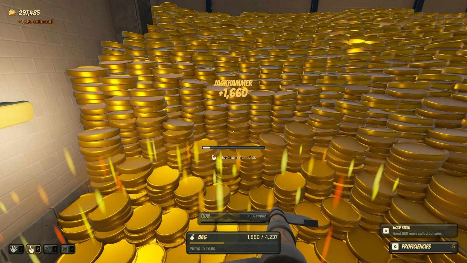 Shovel jackhammer strike pulling a large coin burst, with Flow and Pump on the HUD.