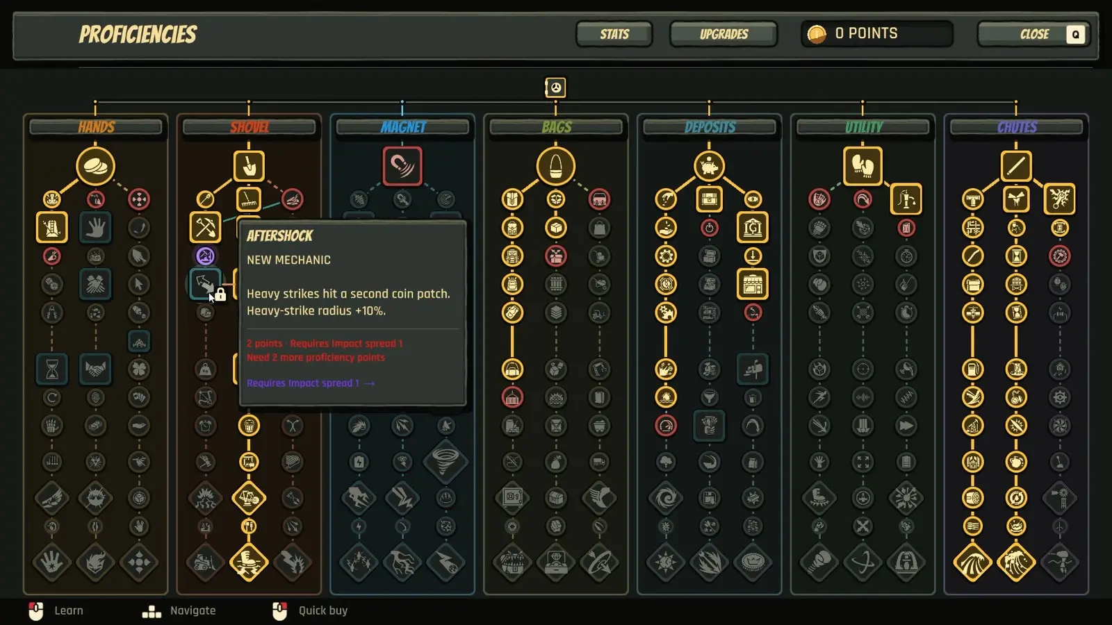 Skill tree with seven columns: Hands, Shovel, Magnet, Bags, Deposits, Utility, and Chutes.