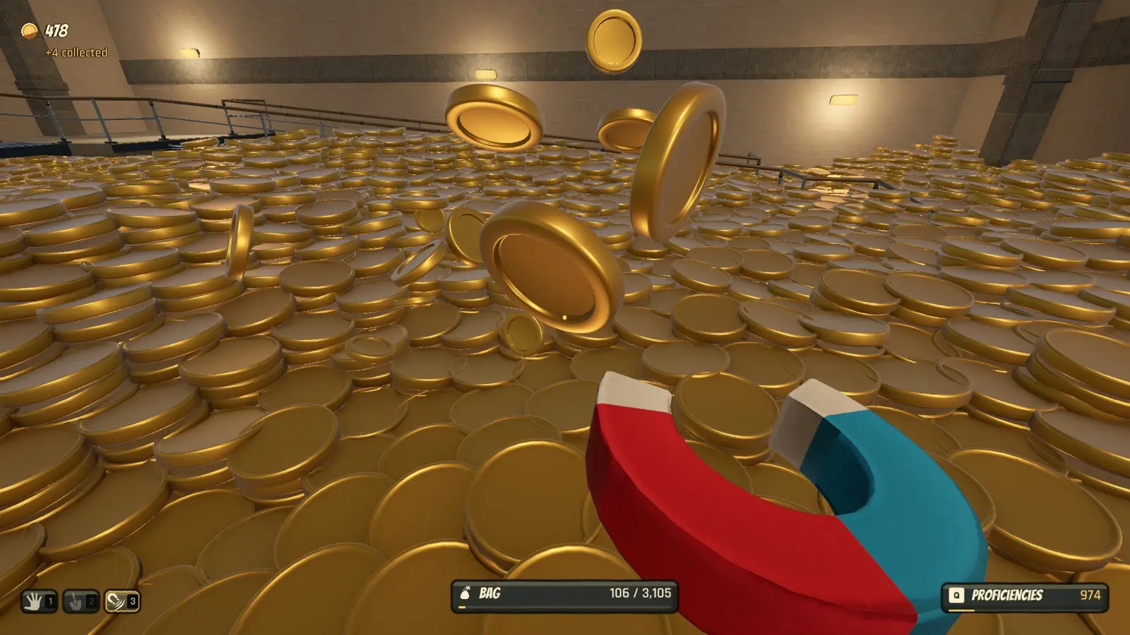 First-person view over a vault of gold coins, magnet in hand, bag and proficiency HUD visible.